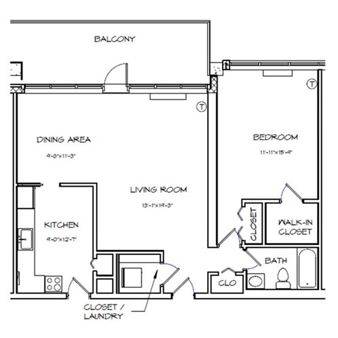 Floor plan for 1 bed, 1 bath, 911 sqft